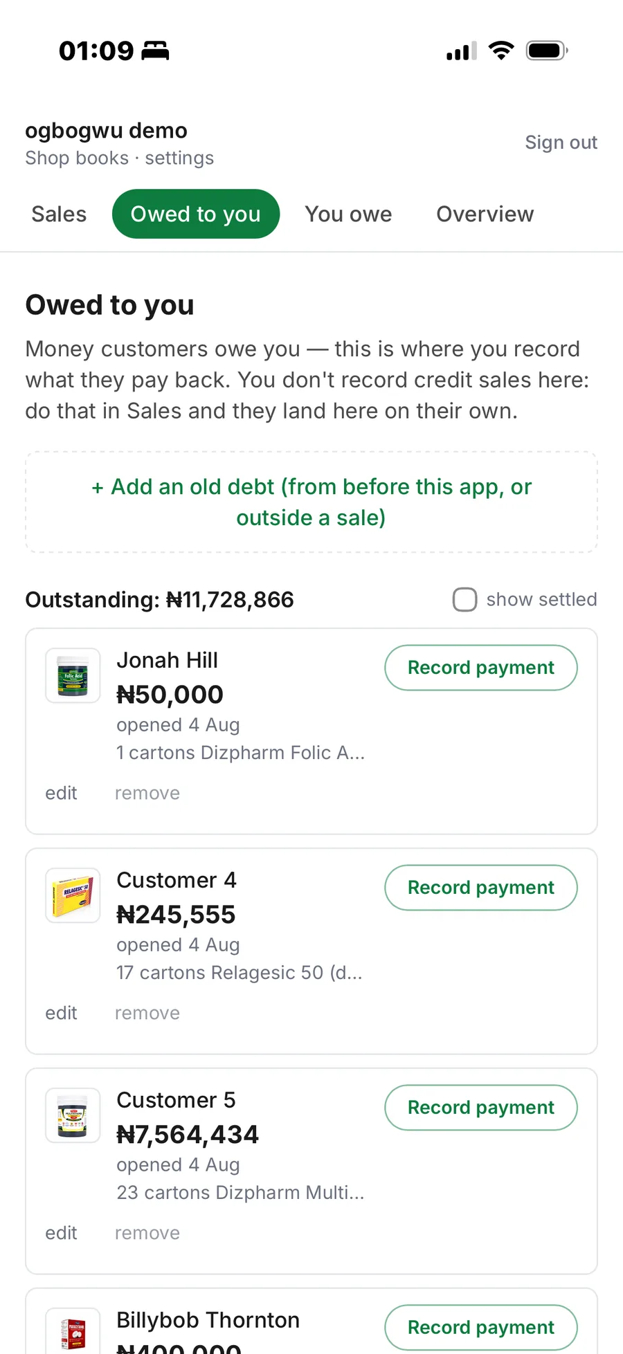 The credit book showing outstanding debts with overdue badges