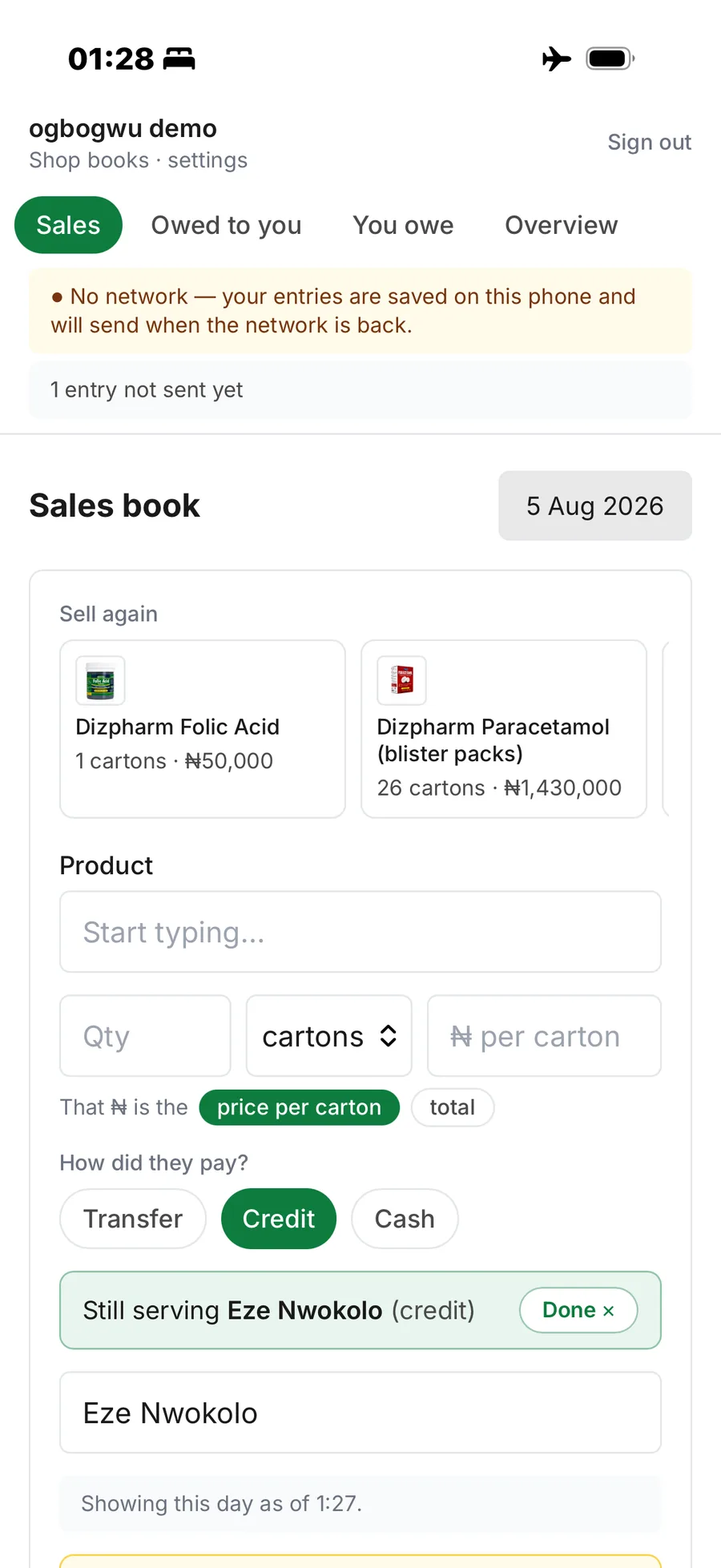 The sales book working with no network, showing an entry saved on the phone